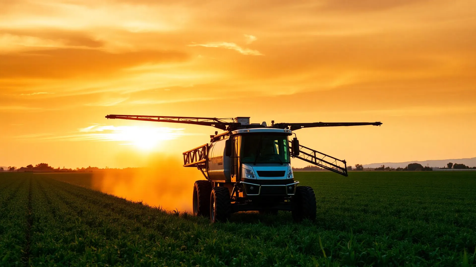 Fumigador trabajando en campo argentino al atardecer